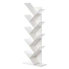 a tall white shelf with three shelves on each side