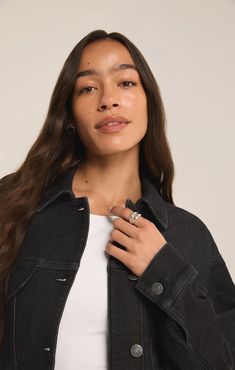 Your casually cool look isn't complete without this denim collared jacket, complete with adjustable waist tabs at the back for a customizable fit. Crafted from premium heavyweight knit denim, and featuring a button front and flap pockets, it's the perfect layer for any occasion. Z SUPPLY Women's Miles Perfect Knit Denim Jacket, Black Sand, Extra Small Denim Jacket Black, Collared Jacket, Knit Denim, Black Denim Jacket, Black Sand, Premium Denim, Flap Pocket, Extra Large, How To Look Better