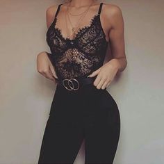 pinterest @omakowsky ☾ Going Out Outfits For Women, Lace Leotard, Bodysuit Style, Bralette Outfit, Lingerie Shoot, Woman In Black, Black Lace Bodysuit, 90's Fashion, Lace Body