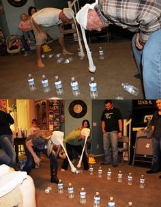 two pictures of people playing with water bottles in the living room and on the floor