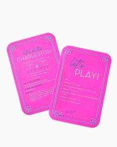 two pink cards with the words get it play written on one side and an inscription on the other