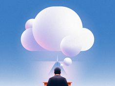 a man sitting on a bench in front of a cloud filled with white balls that are floating above him