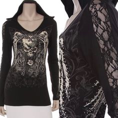 Love This Too It’s The Last One Left Size 2xl Beautiful Lace Sleeves Alternative Long Sleeve Tops With Skull Print, Black Gothic Long Sleeve Sweatshirt, Long Sleeve Grunge T-shirt With Skull Print, Edgy Long Sleeve T-shirt With Skull Print, Gothic Long Sleeve Cotton T-shirt, Cheetah Print Shirts, Rhinestone Skull, Lace Hoodie, Black Long Sleeve Shirt