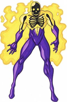 a drawing of a skeleton standing in front of a yellow and purple background with flames