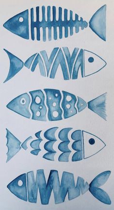 watercolor drawing of fish on white paper with blue and black ink in the shape of letters