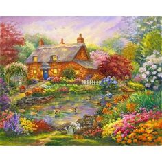 a painting of a garden with flowers and a house