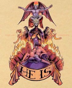 a drawing of a demon on top of a table with flames around it and the words hell is written below