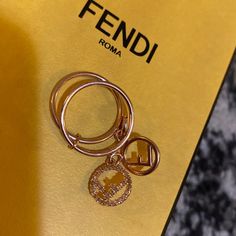 New With Box Size M Fendi Jewelry, Fendi Ring, Signature Rings, Bubble Ring, Charm Ring, Crystal Rose, Charm Rings, Gold Rhinestone, Ring Metal