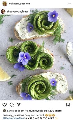 two slices of bread with green and purple flowers on them