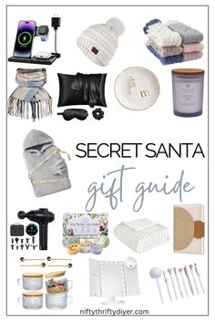 the secret santa gift guide is shown with items for him and her to give them