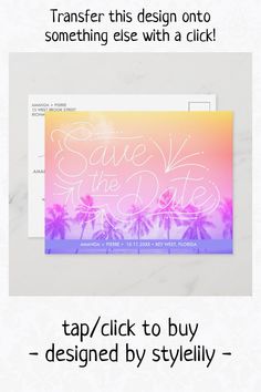 the save the date postcard is shown with an image of palm trees