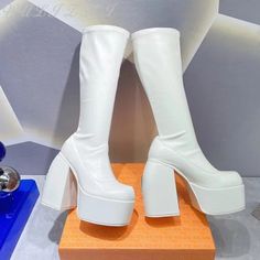 Color: WHITE, Shoe Size: 35 White Heel Boots, High Quality Woman, Quality Woman, Knee High Boots Winter, Heel Knee High Boots, Stretch Boots, High Heel Stiefel, Boots Thick, Platform Heels Boots