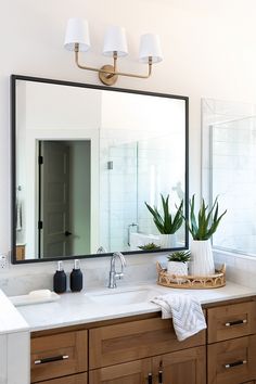 a bathroom with a large mirror and two plants on the counter top, in front of it