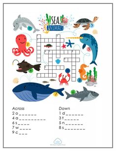 a crossword puzzle with sea animals on it