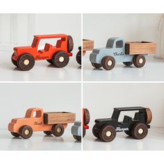 four different wooden toy trucks sitting next to each other