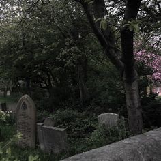 an old cemetery with trees and flowers in the foreground