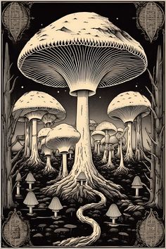 an image of mushrooms in the woods with trees and rocks on it, as well as a