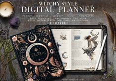 the witch style digital planner is open and next to it's contents