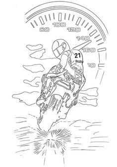 a drawing of a person on a motor bike in the air with speedometer behind them