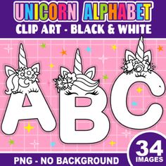 the unicorn alphabet clip art and white letters are shown in front of a pink background