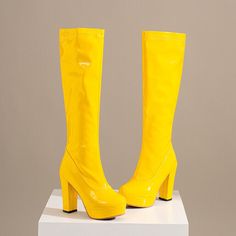 #ad Premium Knee High Boots Women's Shoes Block Heel Side Zip Pumps Platform Patent Leather, Fashion Womens Boots Yellow Leather Boots, Long Boot Heels, Invisible Woman, Yellow Boots, Human Torch, Gogo Boots, Yellow Leather, Long Boots, The Avengers