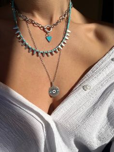 Silver Chain Layered Necklace Summer Necklace Long Evil Eye - Etsy Bohemian Round Layered Clavicle Chain Necklace, Bohemian Round Clavicle Chain Layered Necklace, Bohemian Round Layered Necklace With Clavicle Chain, Silver Bohemian Beaded Necklaces With Chain, Silver Bohemian Beaded Necklaces With Chain Detail, Silver Layered Necklace With Beaded Chain, Bohemian Chain Necklace With Adjustable Chain, Bohemian Round Chain Necklace With Adjustable Chain, Bohemian Silver Chain Necklace