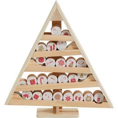 a wooden christmas tree with ornaments on it