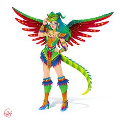 a woman dressed in colorful clothing with wings on her head and legs, standing next to a white background