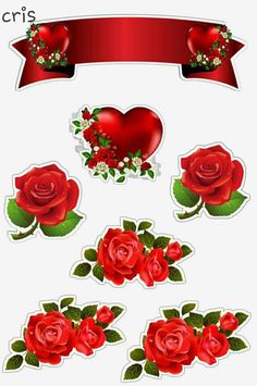 a set of red roses and hearts with ribbons on white background for valentine's day