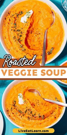 Image of the roasted veggie soup Roasted Veggie Soup, Veggie Soup Recipe, Vegetarian Vegetable Soup, Veggie Soup Recipes, Roasted Vegetable Soup, Vegetarian Soup Recipes, Vegetable Soup Recipes, Veggie Soup, Vegetarian Soup