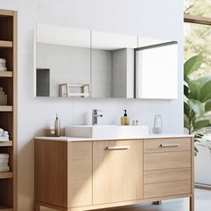 a bathroom with a sink, mirror and shelving unit next to a large window