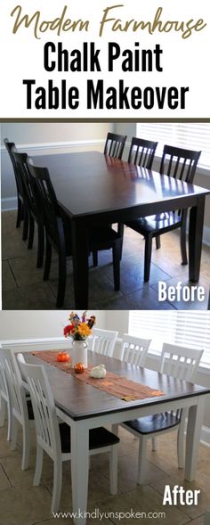 the before and after photo shows how to paint a dining room table with chalk paint