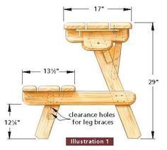 a wooden picnic table with measurements for it