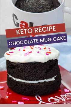 a chocolate mug cake with white frosting and sprinkles on a red plate