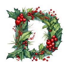 the letter d is decorated with holly and red berries, as well as green leaves