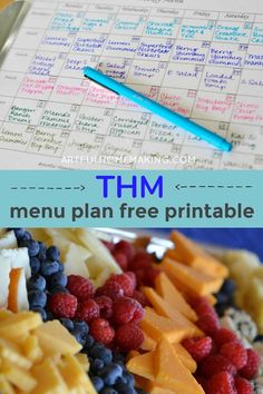 a plate full of fruit and cheese with the words thm menu plan free printable