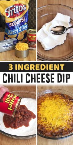 the ingredients for three ingredient chili cheese dip are shown in this collage with text overlay