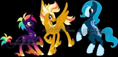 three different colored ponys standing next to each other on a black background with the same color