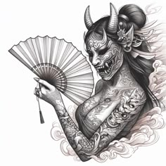 a woman with tattoos holding a fan in her hand