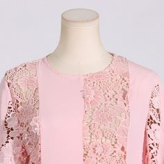 F00272180-103 Pink Summer Blouse With Lace Sleeves, Elegant Tops With Cutwork Hem For Spring, Elegant Spring Top With Cutwork Hem, Long Sleeve Lace Work Maxi Dress For Spring, Feminine Maxi Dress With Lace Sleeves, Chic Pink Dress With Lace Sleeves, Feminine Lace Top Dress For Brunch, Elegant Crew Neck Mini Dress For Party, Spring Party Dress With Crew Neck