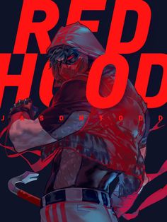 a red hood poster with a man holding a skateboard