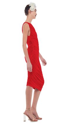 DIANA DRESS TO KNEE – Tiger Red – Norma Kamali Elastane Midi Dress With Ruched Sides, Stretch Draped Midi Dress With Ruched Sides, Asymmetrical Hem Midi Dress In Elastane, Asymmetrical Hem Elastane Midi Dress, Asymmetrical Midi Dress With Ruched Sides, Spring Stretch Asymmetrical Ruched Dress, Spring Ruched Stretch Asymmetrical Dress, Spring Stretch Ruched Asymmetrical Dress, Asymmetrical Hem Midi Dress