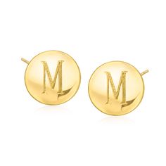 Ross-Simons - Plain - 14kt Yellow Gold Disc Earrings. Handcrafted in sunny 14kt yellow gold, these glossy disc earrings are an easy and affordable way to polish off any look. Post/clutch, 14kt yellow gold disc earrings. 14k Yellow Gold Earrings With Initials, Gold Round Initials Earrings, Gold Initials Earrings, Gold Round Earrings With Initials, Classic Personalized Round Earrings, Gold Disc Earrings, Gold Disc, Script Type, Disc Earrings