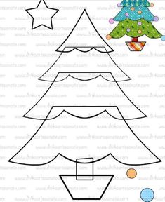 a christmas tree cut out with different shapes and colors on the bottom, in front of a