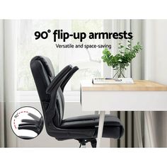 a black office chair sitting in front of a desk with the words 90's flip - up armrests