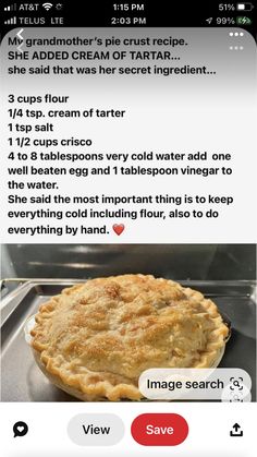 an iphone screen showing the recipe for a pie