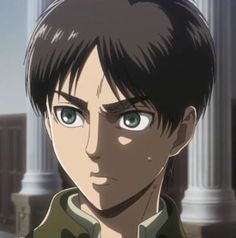 an anime character with short hair and green eyes looks at the camera while standing in front of columns