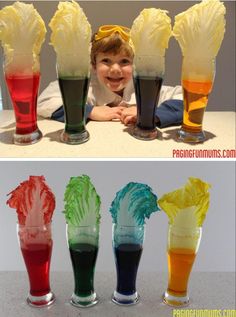 there are four different shots in the same cup and one is filled with colored liquid