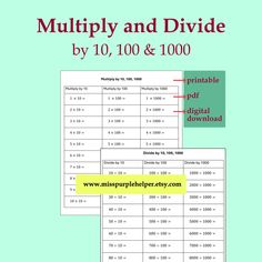 two tables with numbers on them and the words multiply and divide by 1, 100 &