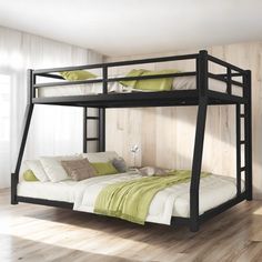 a bunk bed with two sets of green pillows on the bottom and one set of white sheets